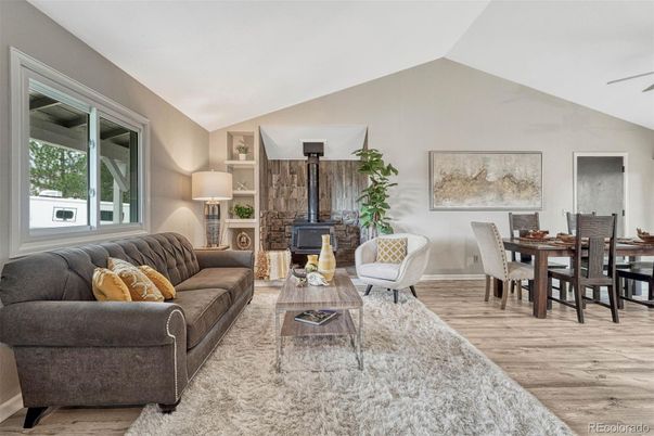 Dining room, Fireplace, Interior, Living room, Wood Texture Flooring
