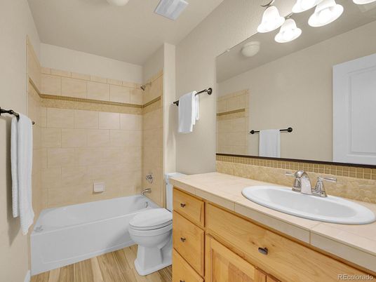 Bathroom, Interior, Tile Countertops, Wood Texture Flooring