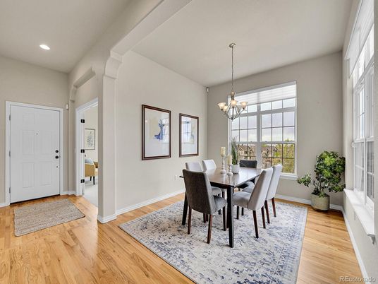 Chandelier, Dining room, Interior, Recessed Lighting, Wood Texture Flooring
