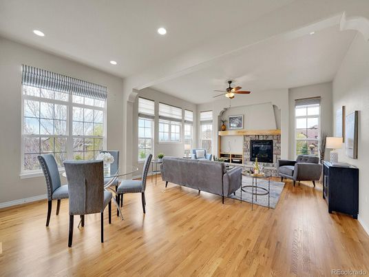 Dining room, Fireplace, Interior, Living room, Recessed Lighting, Wood Texture Flooring