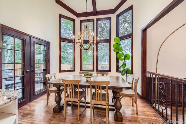 Chandelier, Dining room, Interior, Pendant Lights, Wood Texture Flooring