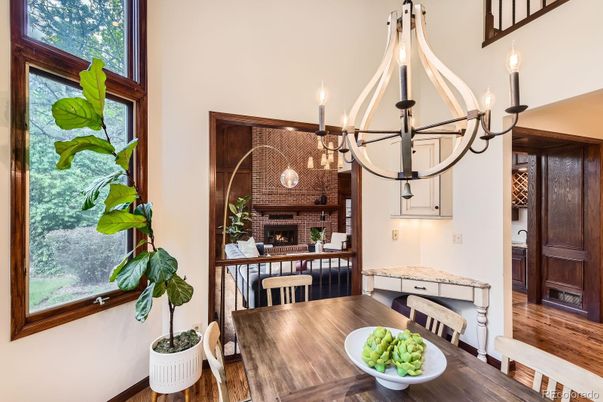Chandelier, Dining room, Fireplace, Interior, Pendant Lights, Wood Texture Flooring