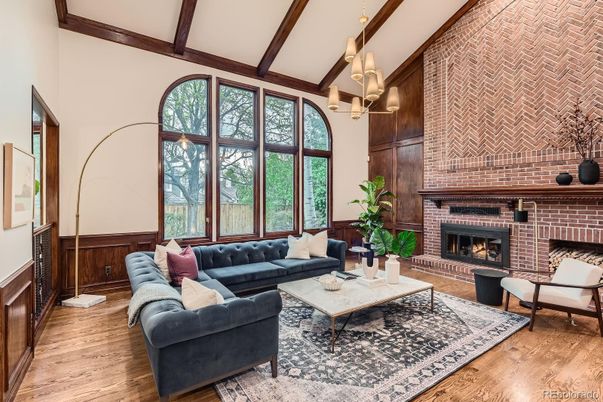 Fireplace, Interior, Living room, Pendant Lights, Stone Walls, Wooden Beams, Wood Texture Flooring