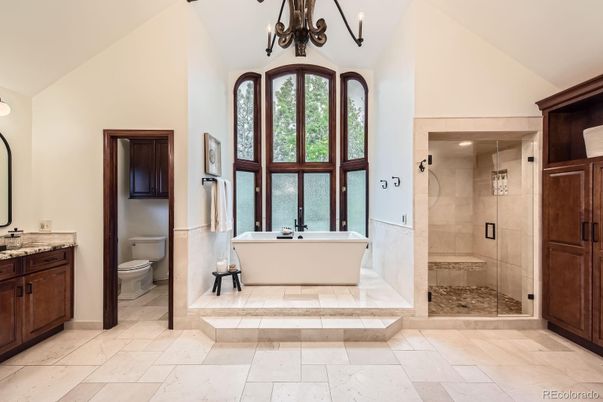 Bathroom, Chandelier, Free Standing Baths, Glass Shower, Interior
