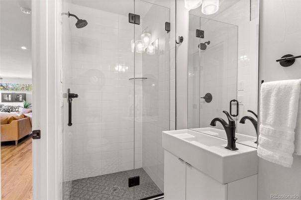Bathroom, Glass Shower, Interior, Recessed Lighting, Wood Texture Flooring