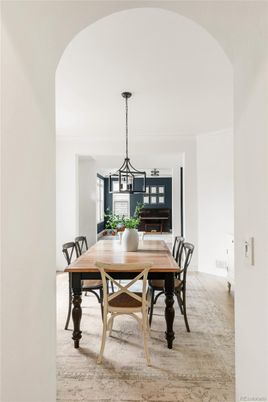 Dining room, Interior, Pendant Lights, Wood Texture Flooring