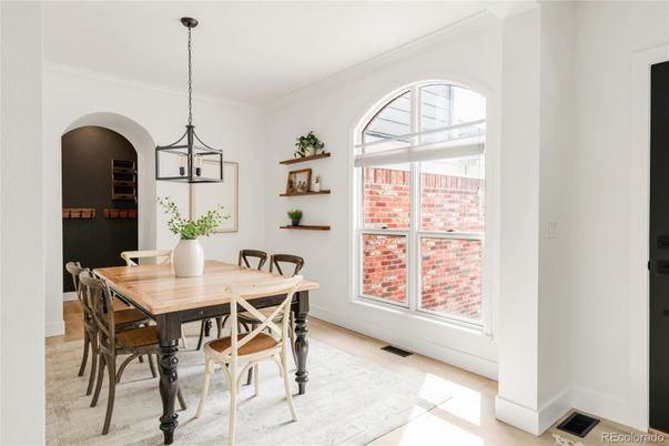 Dining room, Interior, Pendant Lights, Wood Texture Flooring
