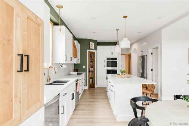 Interior, Kitchen, Pendant Lights, Recessed Lighting, Stainless Steel Appliances, Wood Texture Flooring