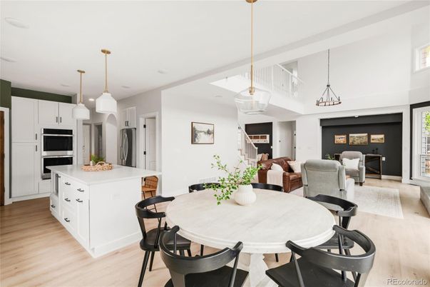 Dining room, Interior, Kitchen, Pendant Lights, Recessed Lighting, Wood Texture Flooring