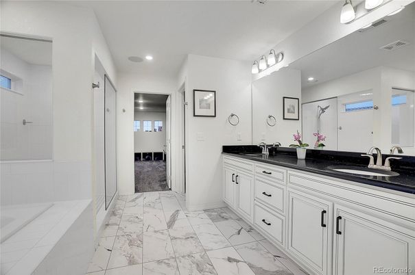Bathroom, Dual Sink Vanities, Interior, Marble, Recessed Lighting