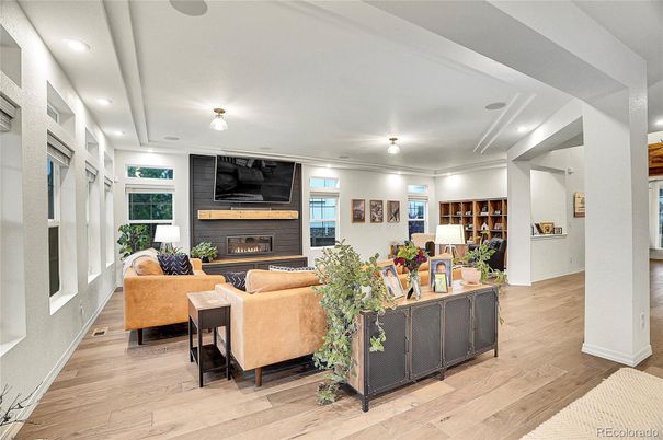Fireplace, Interior, Living room, Recessed Lighting, Wood Texture Flooring