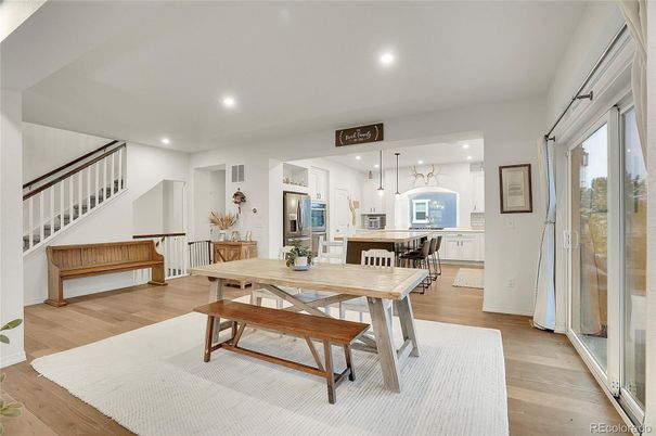 Dining room, Interior, Kitchen, Pendant Lights, Recessed Lighting, Wood Texture Flooring