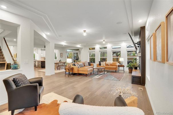 Dining room, Interior, Living room, Recessed Lighting, Wood Texture Flooring