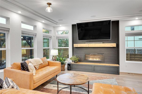 Fireplace, Interior, Living room, Recessed Lighting, Wood Texture Flooring