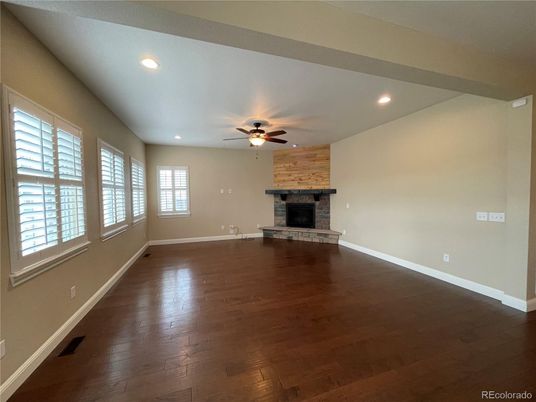 Empty room, Fireplace, Interior, Recessed Lighting, Wood Texture Flooring