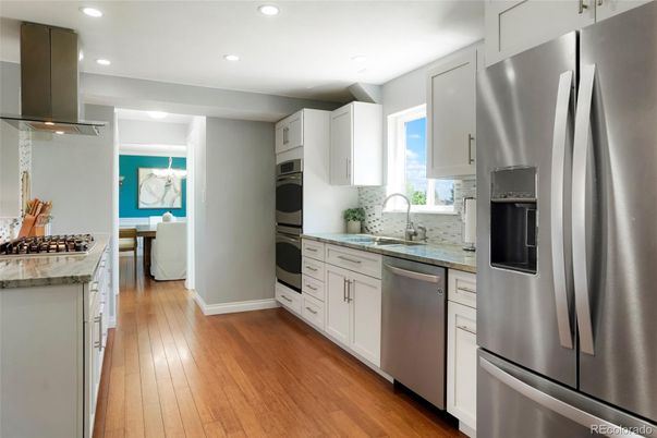 Interior, Kitchen, Recessed Lighting, Stainless Steel Appliances, Wood Texture Flooring