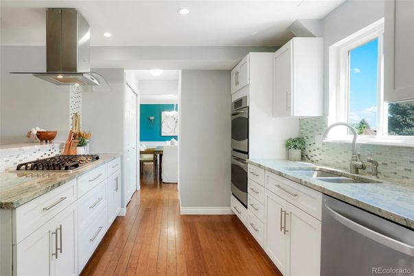 Interior, Kitchen, Recessed Lighting, Stainless Steel Appliances, Wood Texture Flooring