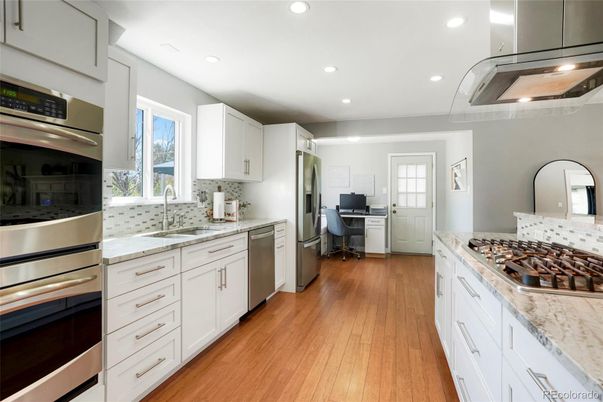 Interior, Kitchen, Recessed Lighting, Stainless Steel Appliances, Wood Texture Flooring