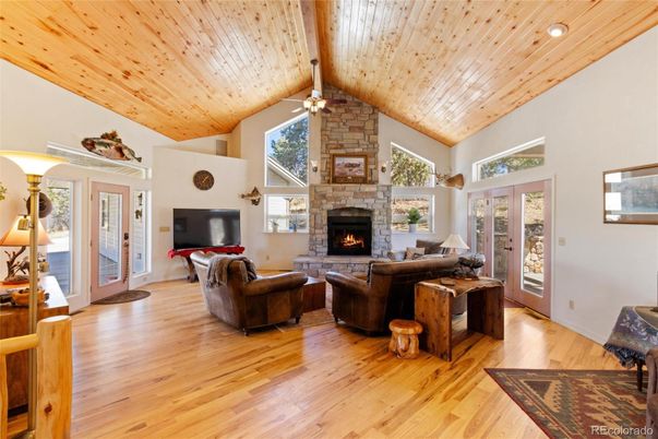 Fireplace, Interior, Living room, Recessed Lighting, Wooden Beams, Wooden Ceilings, Wood Texture Flooring