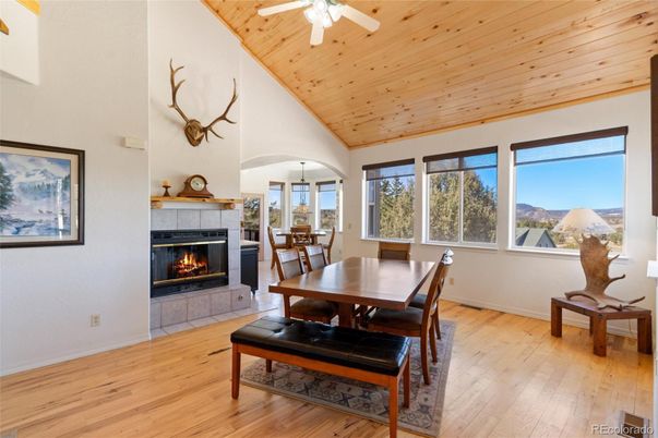 Dining room, Fireplace, Interior, Wooden Ceilings, Wood Texture Flooring