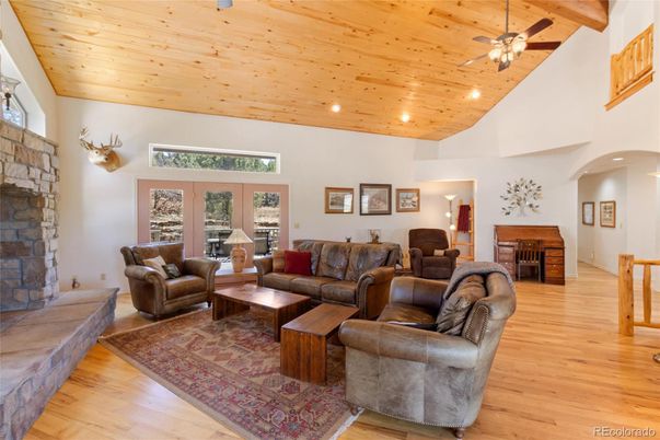 Fireplace, Interior, Living room, Recessed Lighting, Wooden Beams, Wooden Ceilings, Wood Texture Flooring