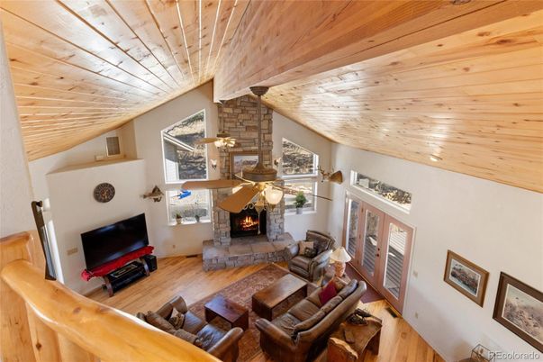 Fireplace, Interior, Living room, Stone Walls, Wooden Ceilings, Wood Texture Flooring