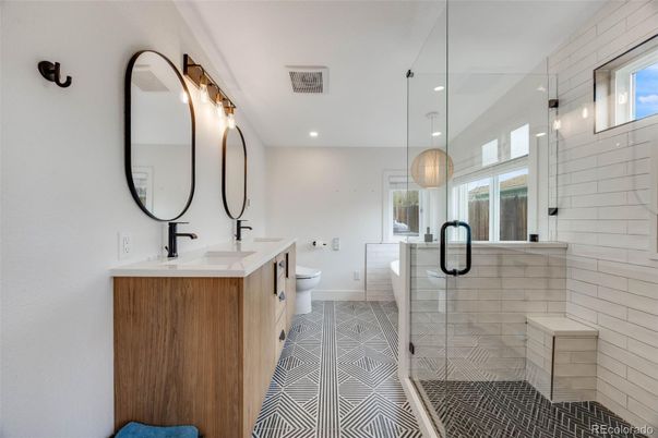 Bathroom, Dual Sink Vanities, Glass Shower, Interior, Pendant Lights, Recessed Lighting