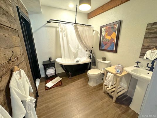 Bathroom, Free Standing Baths, Interior, Recessed Lighting, Wooden Beams, Wood Texture Flooring