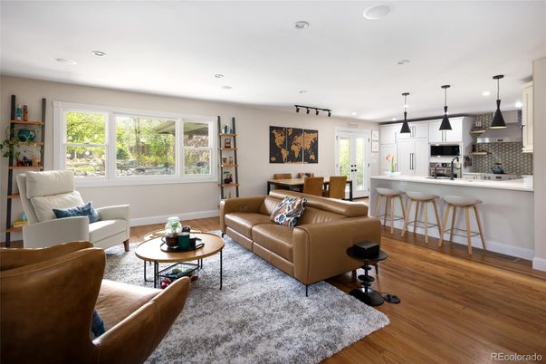 Interior, Kitchen, Living room, Pendant Lights, Recessed Lighting, Stainless Steel Appliances, Wood Texture Flooring