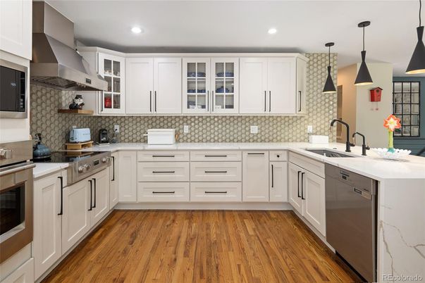 Interior, Kitchen, Pendant Lights, Recessed Lighting, Stainless Steel Appliances, Wood Texture Flooring