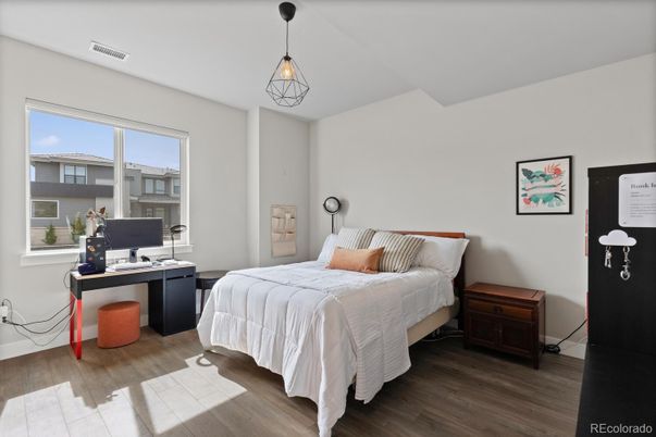 Bedroom, Home Office, Interior, Pendant Lights, Wood Texture Flooring