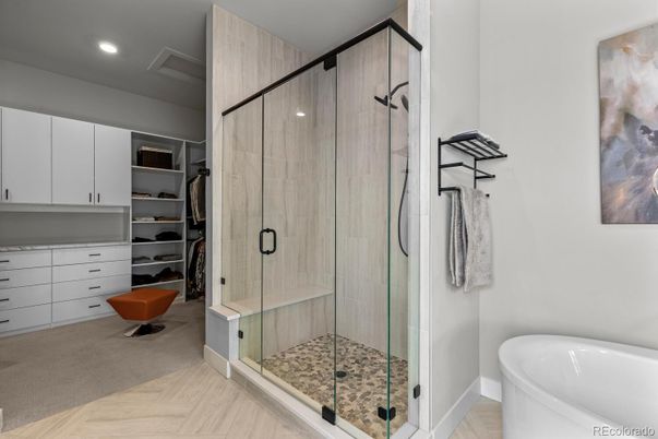 Bathroom, Glass Shower, Interior, Recessed Lighting, Walk-in Closets, Wood Texture Flooring