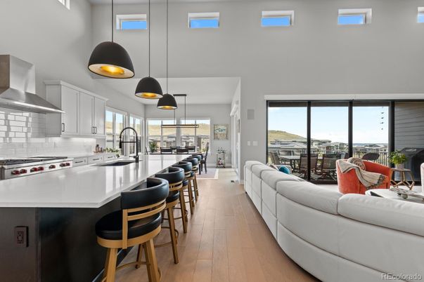 Dining room, Interior, Kitchen, Living room, Pendant Lights, Stainless Steel Appliances, Wood Texture Flooring