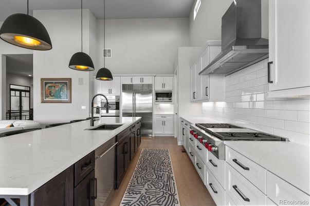 Interior, Kitchen, Pendant Lights, Stainless Steel Appliances, Wood Texture Flooring