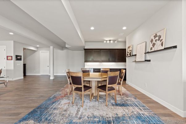 Dining room, Interior, Kitchen, Recessed Lighting, Wood Texture Flooring