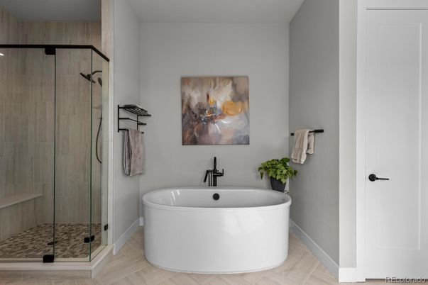 Bathroom, Free Standing Baths, Glass Shower, Interior, Wood Texture Flooring