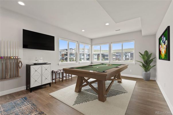 Billiard Table, Game Room, Interior, Recessed Lighting, Wood Texture Flooring