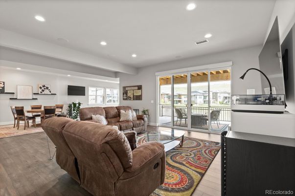 Dining room, Interior, Living room, Recessed Lighting, Wood Texture Flooring