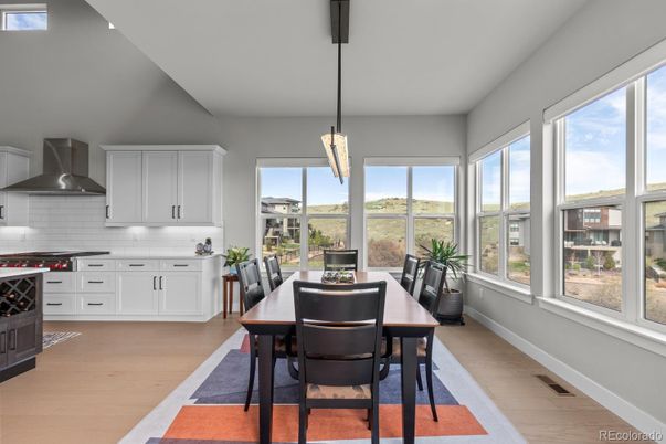 Dining room, Interior, Kitchen, Pendant Lights, Wood Texture Flooring