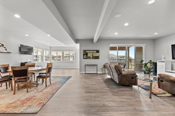 Dining room, Interior, Living room, Recessed Lighting, Wood Texture Flooring