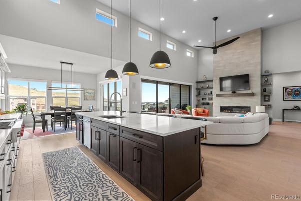 Dining room, Fireplace, Interior, Kitchen, Living room, Pendant Lights, Recessed Lighting, Stainless Steel Appliances, Wood Texture Flooring