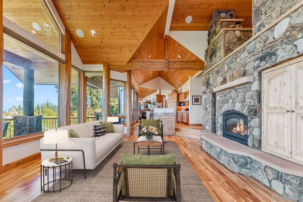 Fireplace, Interior, Living room, Recessed Lighting, Stone Walls, Wooden Beams, Wooden Ceilings, Wood Texture Flooring