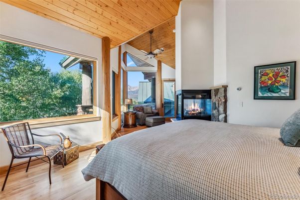 Bedroom, Fireplace, Interior, Wooden Ceilings, Wood Texture Flooring