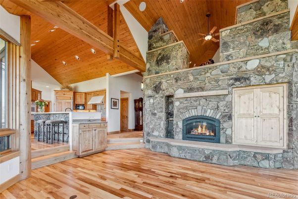 Fireplace, Interior, Kitchen, Recessed Lighting, Stone Walls, Wooden Beams, Wooden Ceilings, Wood Texture Flooring