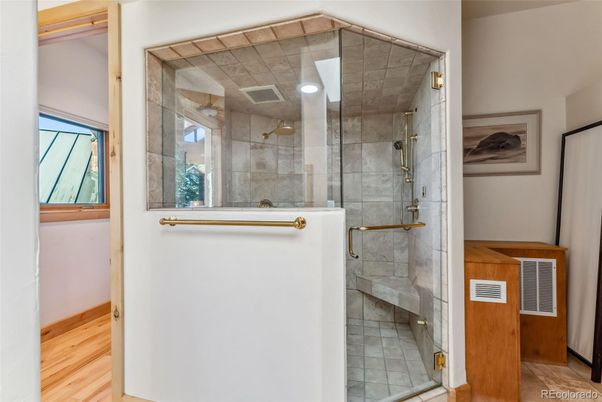 Bathroom, Glass Shower, Interior, Wood Texture Flooring