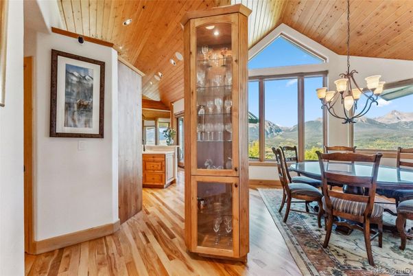 Chandelier, Dining room, Interior, Recessed Lighting, Wooden Ceilings, Wood Texture Flooring