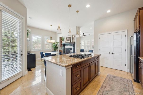 Dining room, Fireplace, Interior, Kitchen, Living room, Pendant Lights, Recessed Lighting