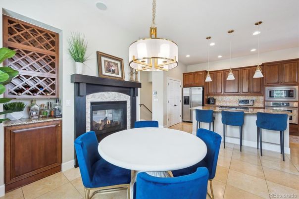 Dining room, Fireplace, Interior, Kitchen, Pendant Lights, Recessed Lighting, Stainless Steel Appliances
