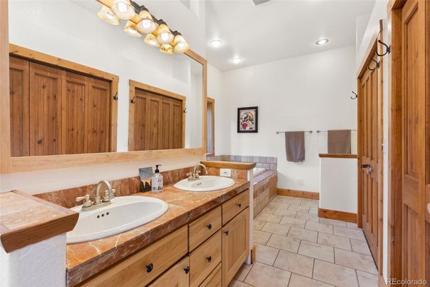 Bathroom, Dual Sink Vanities, Interior, Recessed Lighting, Tile Countertops