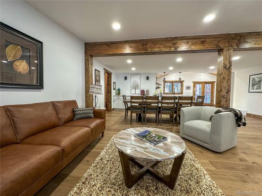Dining room, Interior, Living room, Pendant Lights, Recessed Lighting, Wood Texture Flooring